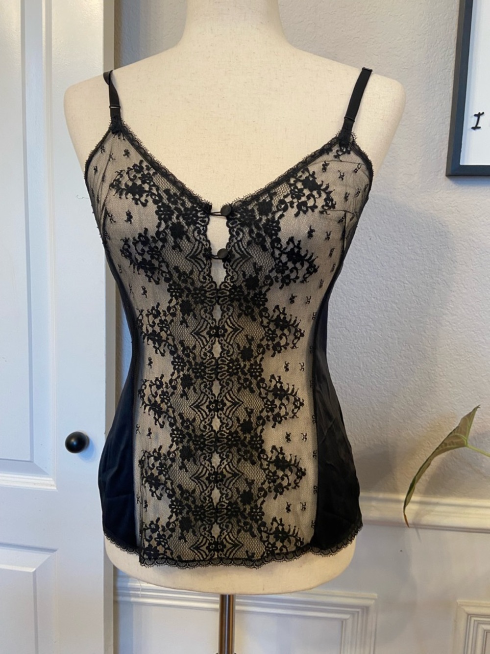 Vanity Fair Camisole Vtg USA Lace Front Buttons Sheer Front 34 Black